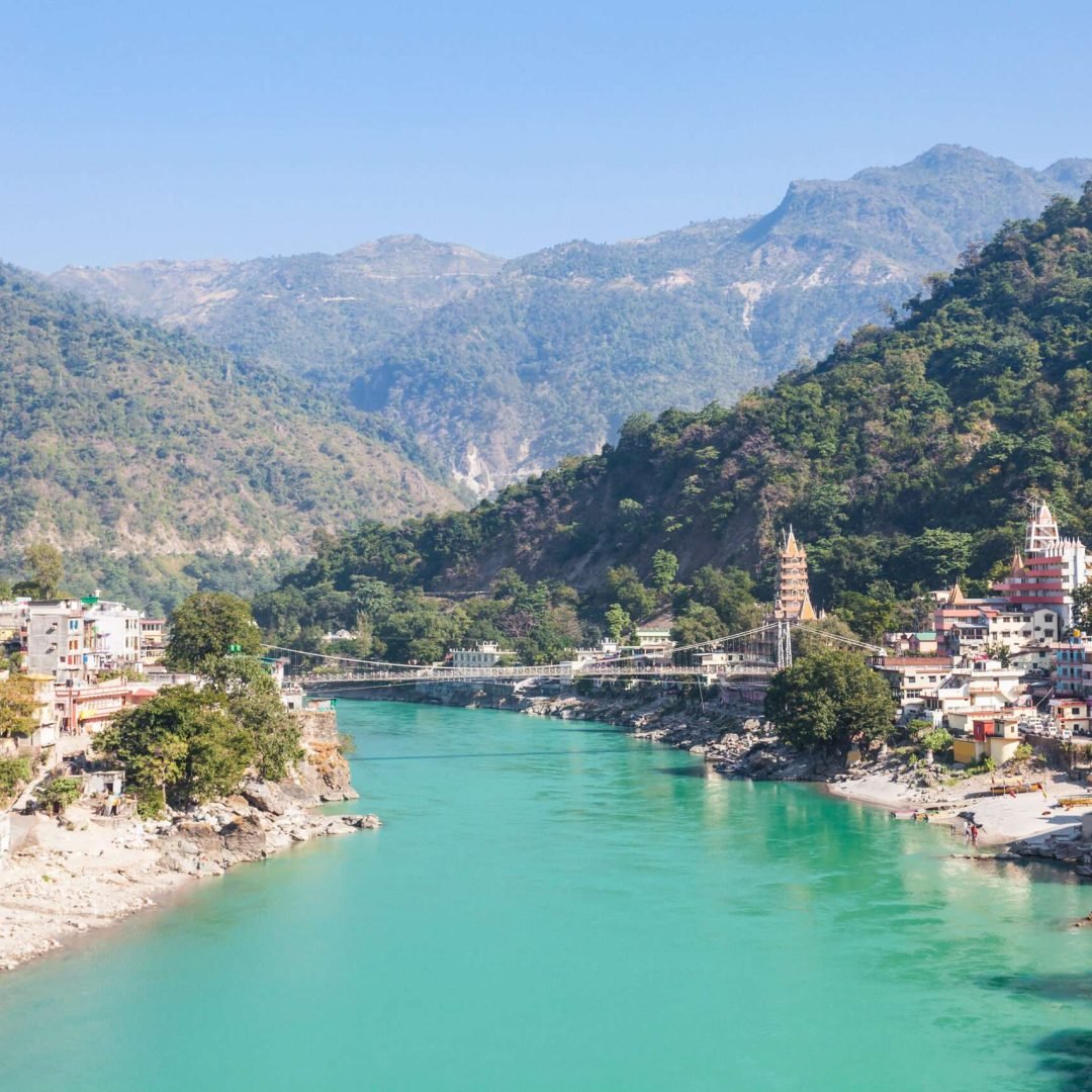 Rishikesh aerial view, India. It is known as the Gateway to the Garhwal Himalayas and the Yoga Capital of the World.